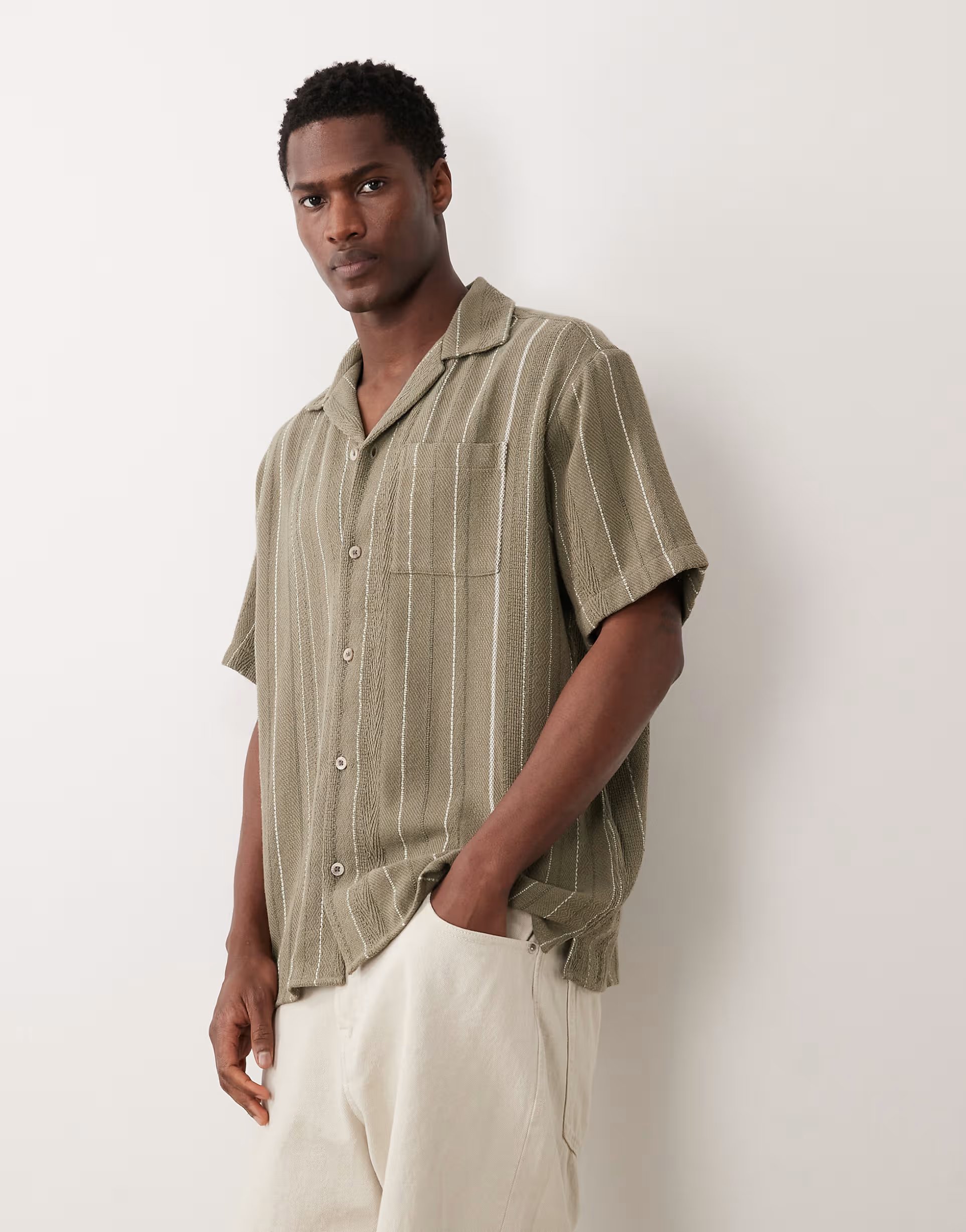 ASOS Jack & Jones striped short sleeve shirt in khaki - 1