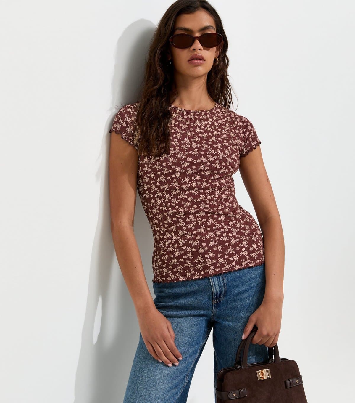 New Look Women's Red Cotton Rich Ribbed Ditsy Print T-Shirt New Look