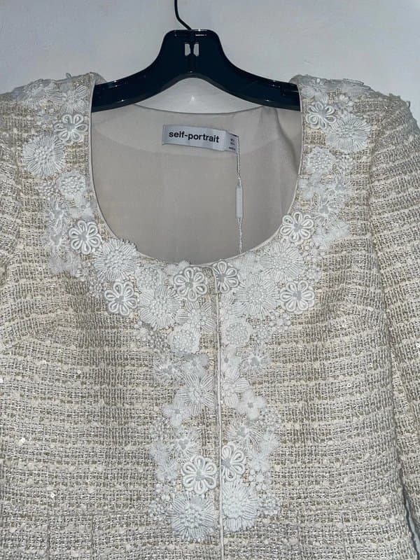 Self-Portrait Self-Portrait Gold Boucle Floral Trim Bridal Mini Dress Size UK 12