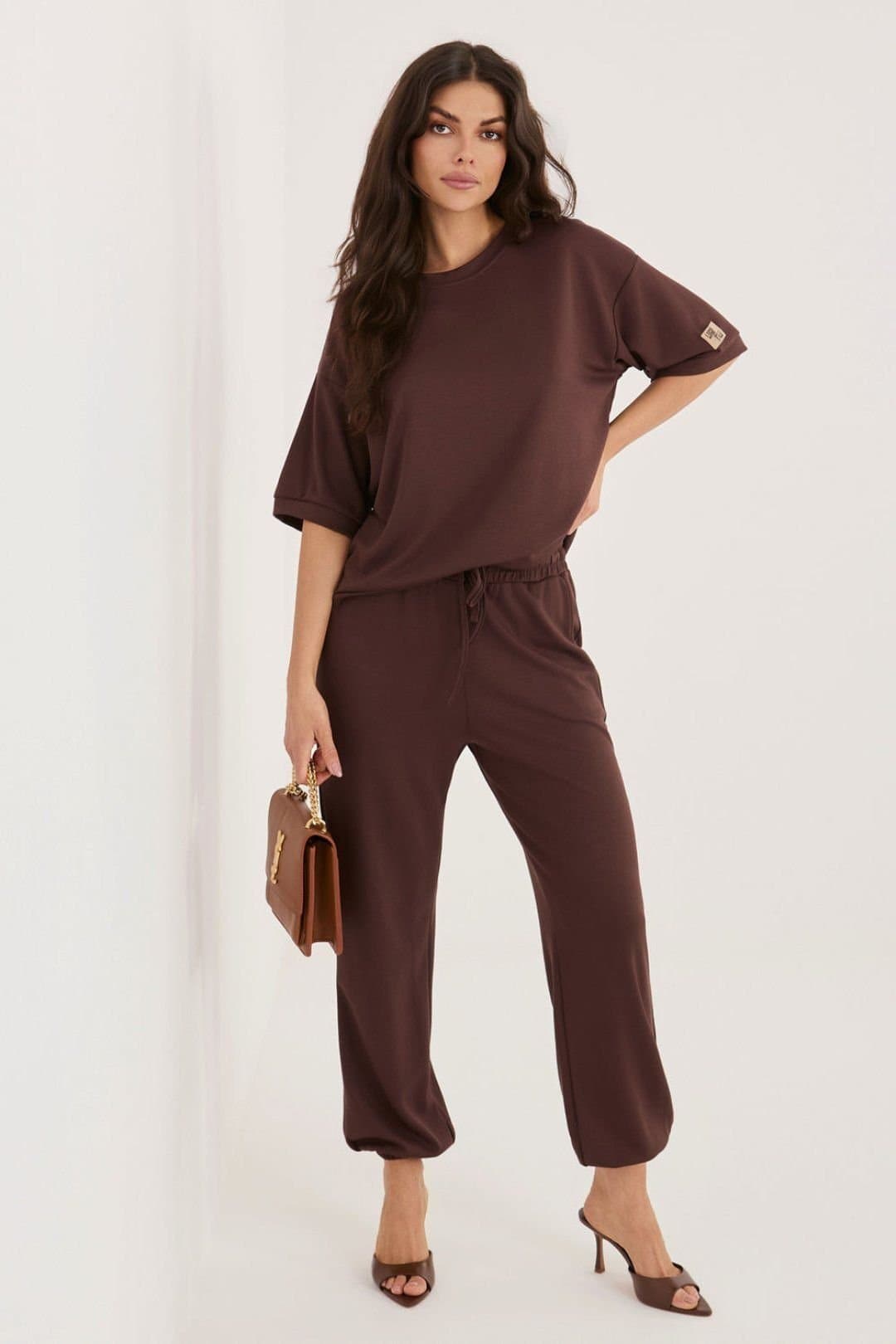 Love Lace Love Lace Women's Viscose Elastane Crew Sweat Set with Pants in Brown