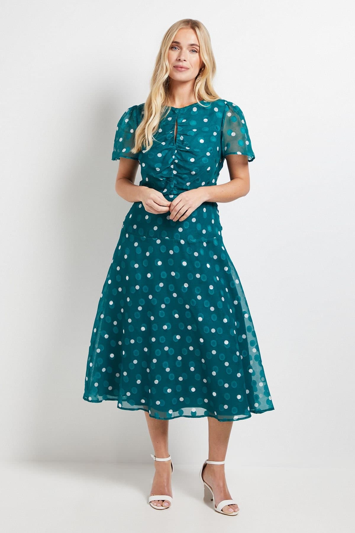 Wallis Wallis Women's Petite Polka Dot Burn Out Ruched Midi Dress in Green