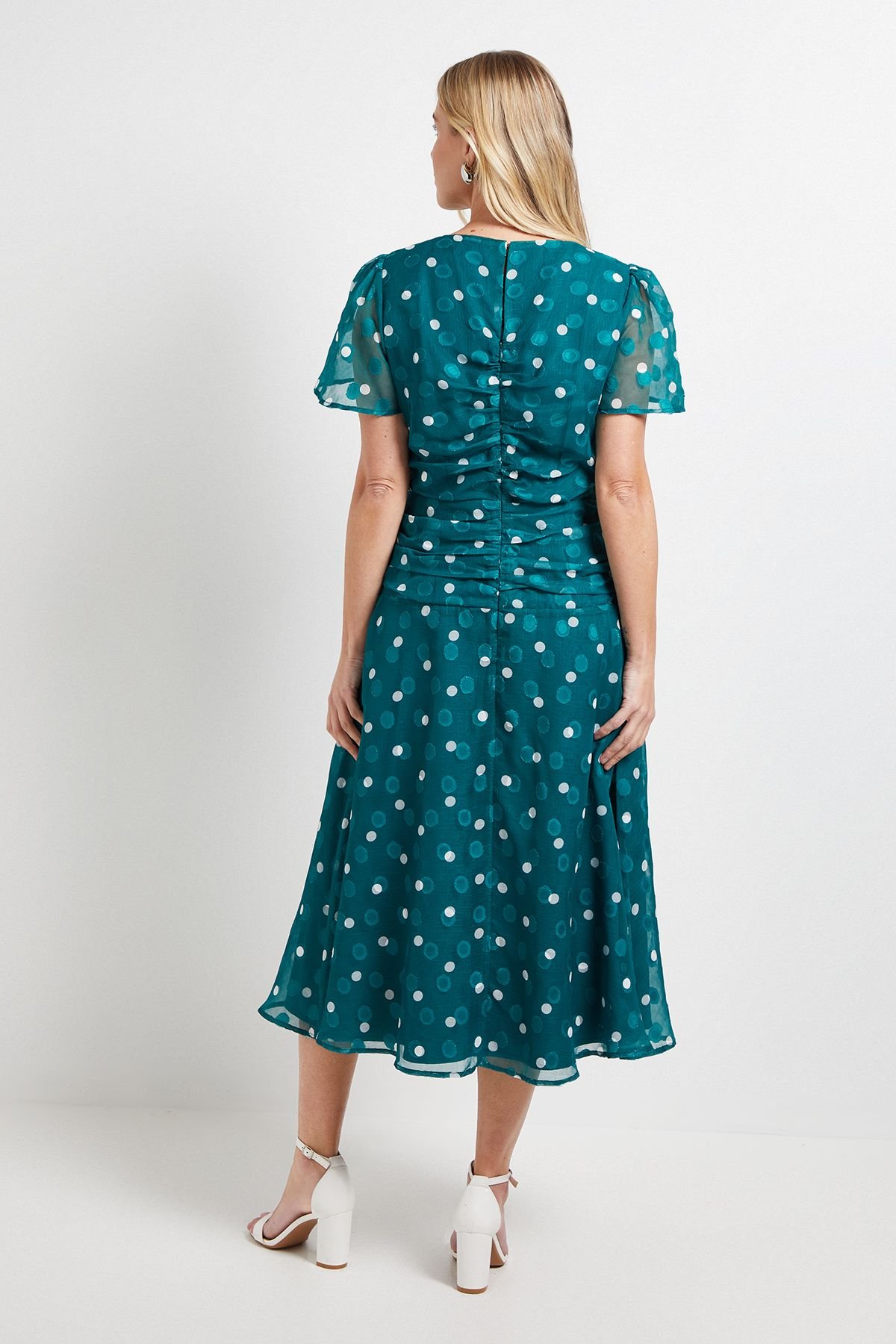 Wallis Wallis Women's Petite Polka Dot Burn Out Ruched Midi Dress in Green - 3