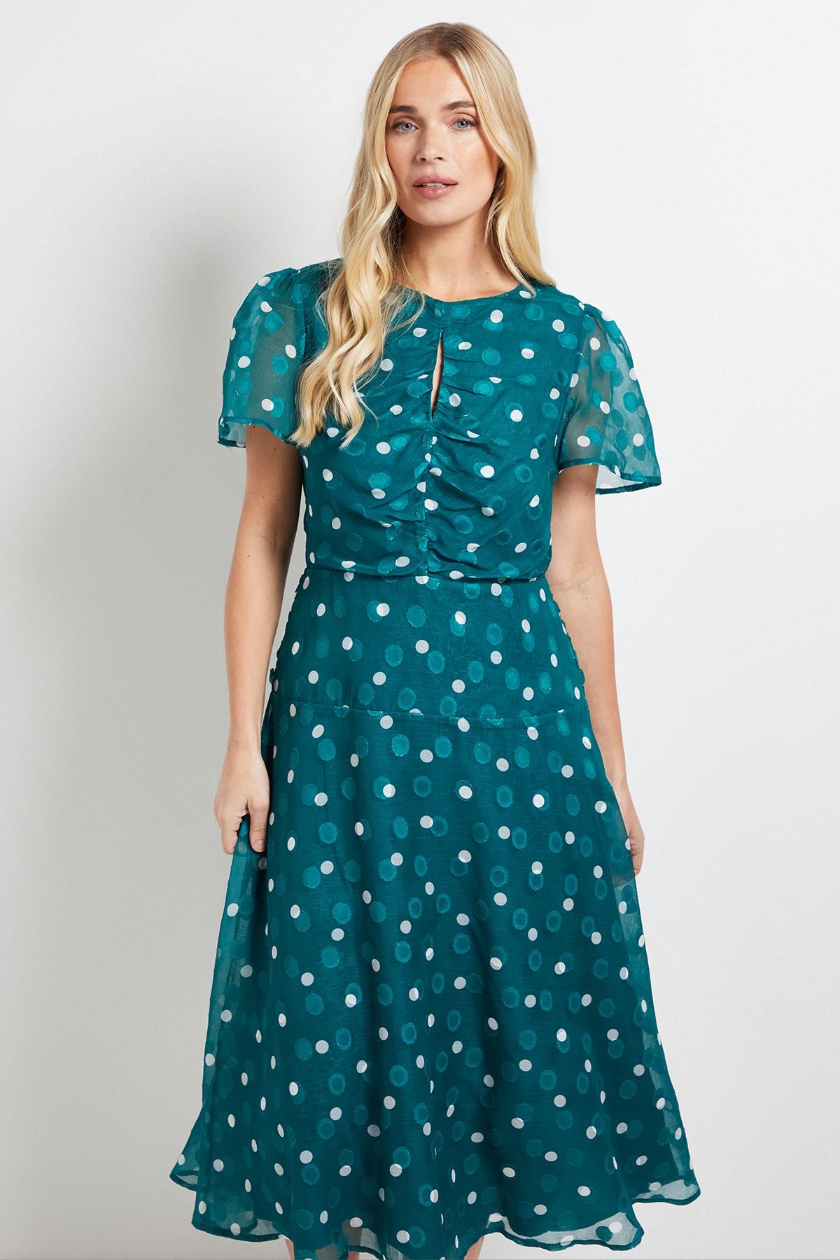 Wallis Wallis Women's Petite Polka Dot Burn Out Ruched Midi Dress in Green - 4