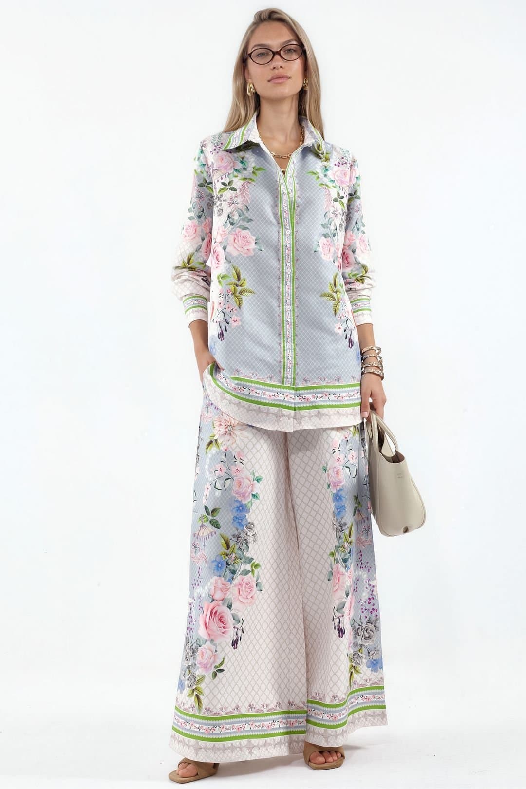 MSN Collection MSN Collection Women's Floral Shirt Collar Blouse & Wide-Leg Pants Set