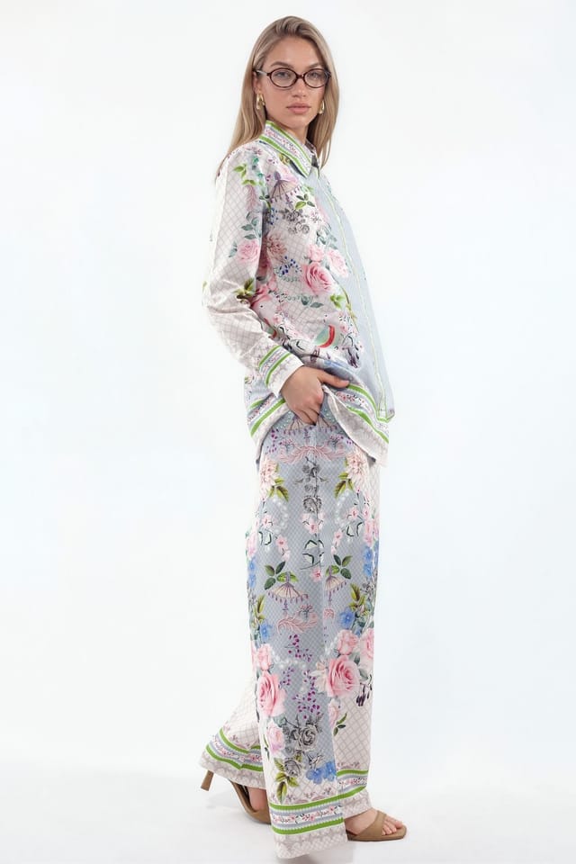 MSN Collection MSN Collection Women's Floral Shirt Collar Blouse & Wide-Leg Pants Set - 2