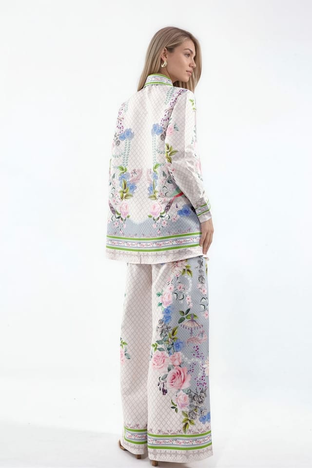MSN Collection MSN Collection Women's Floral Shirt Collar Blouse & Wide-Leg Pants Set - 3