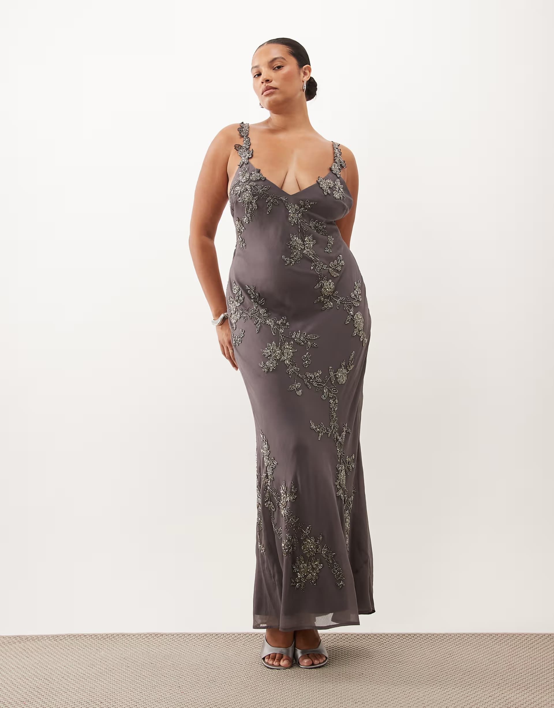 ASOS ASOS DESIGN Curve floral embellished cami maxi dress with scarf in charcoal grey