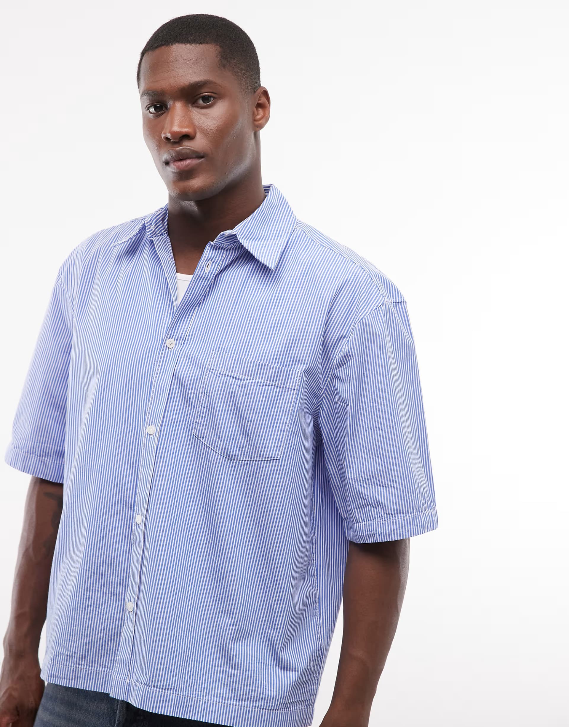 ASOS Weekday boxy short sleeve shirt in blue and white stripe