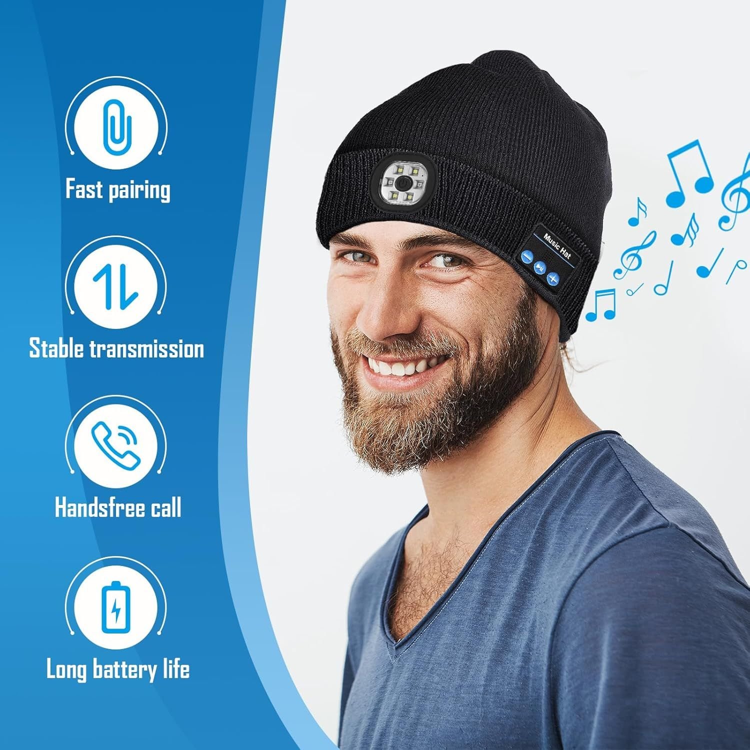 Dyzi Dyzi Bluetooth Beanie Rechargeable Torch Black Men's Stylish Headphones Hat - 2