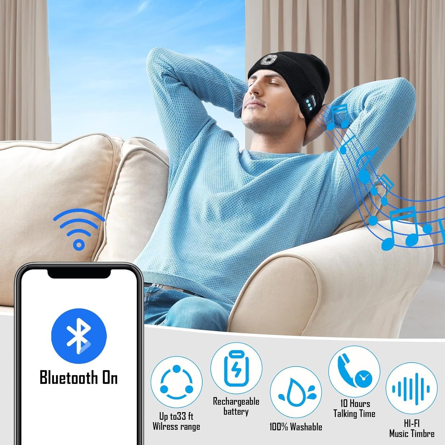 Dyzi Dyzi Bluetooth Beanie Rechargeable Torch Black Men's Stylish Headphones Hat - 3