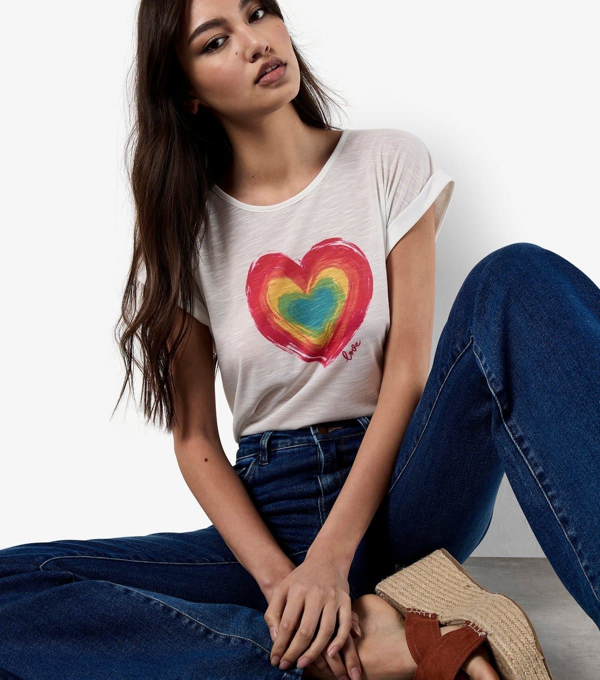 Apricot Women's White Heart Print Slubbed T-Shirt Apricot New Look