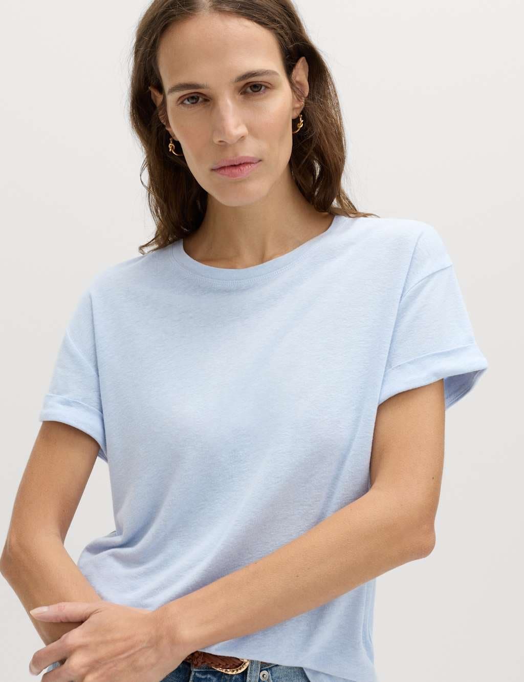 Marks & Spencer M&S Linen Blend T-Shirt Faded Blue