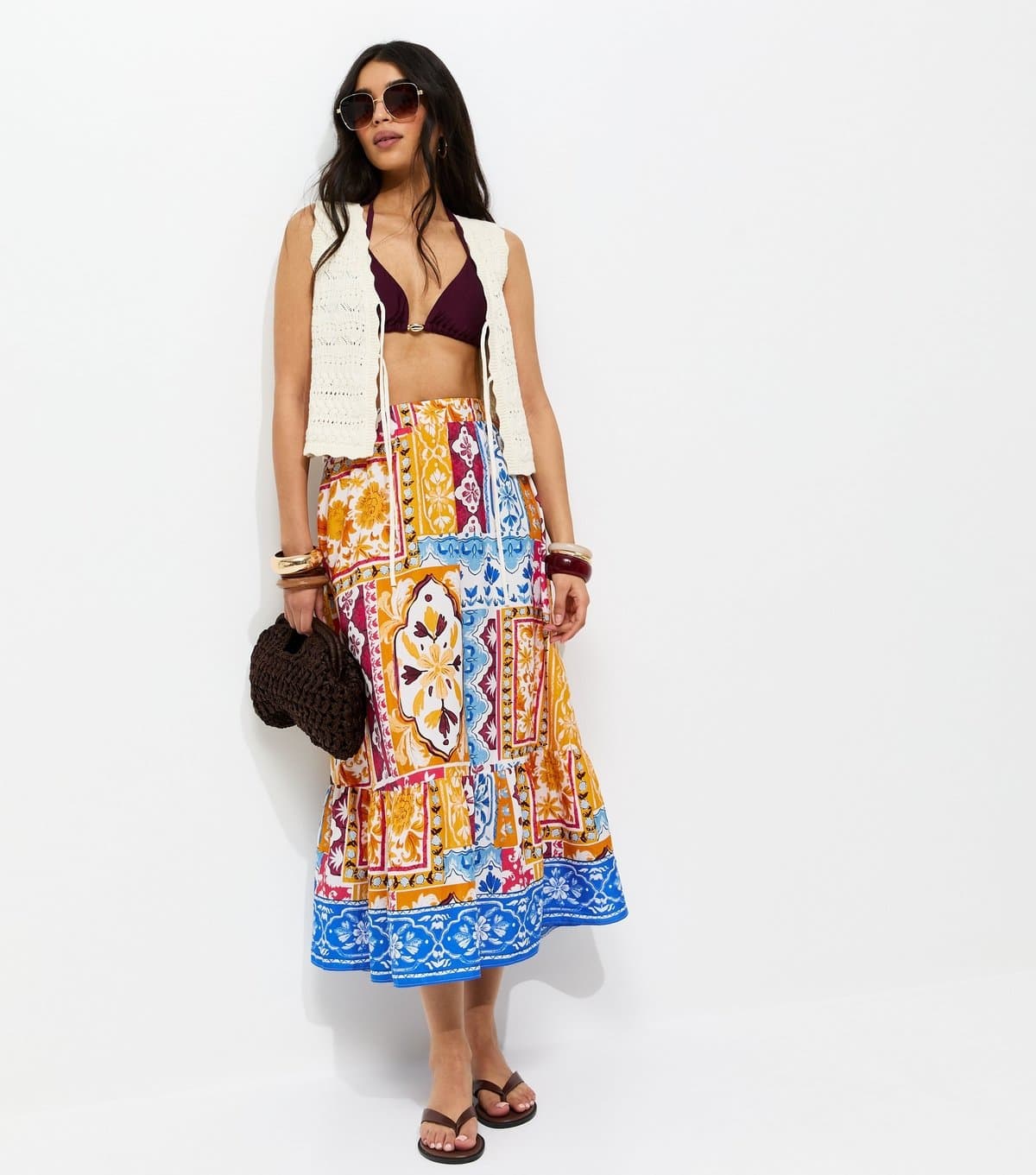 New Look Women's Yellow Baroque Scarf Print Tiered Midi Skirt New Look