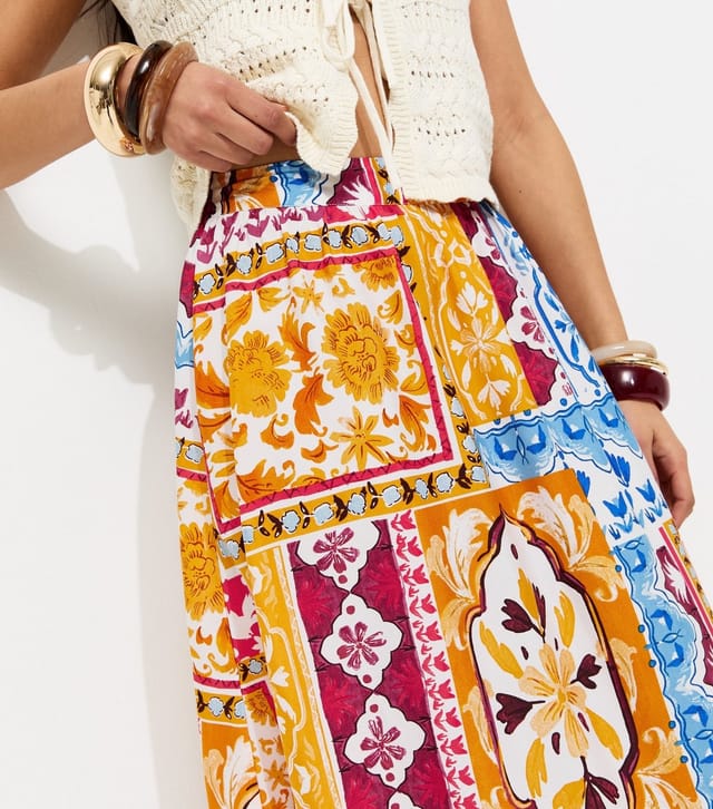 New Look Women's Yellow Baroque Scarf Print Tiered Midi Skirt New Look - 2