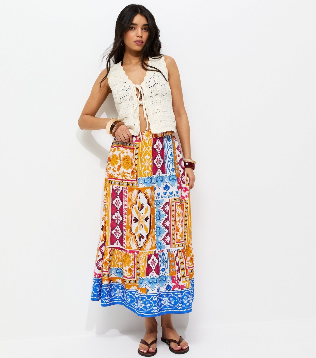 New Look Women's Yellow Baroque Scarf Print Tiered Midi Skirt New Look - 3