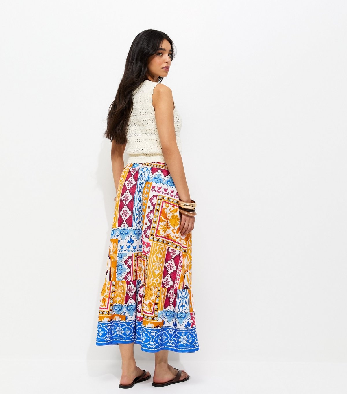 New Look Women's Yellow Baroque Scarf Print Tiered Midi Skirt New Look - 4