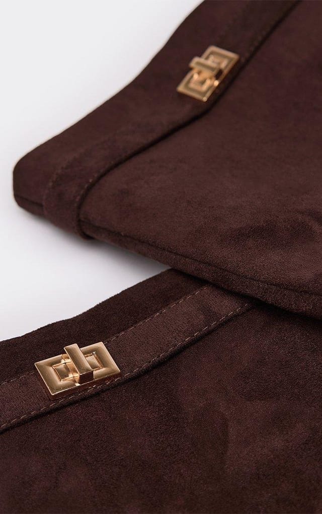 EGO Chella Lock Detail Pointed Toe Knee High Slouched Boot In Brown Faux Suede, Women's Size UK 3 - 2