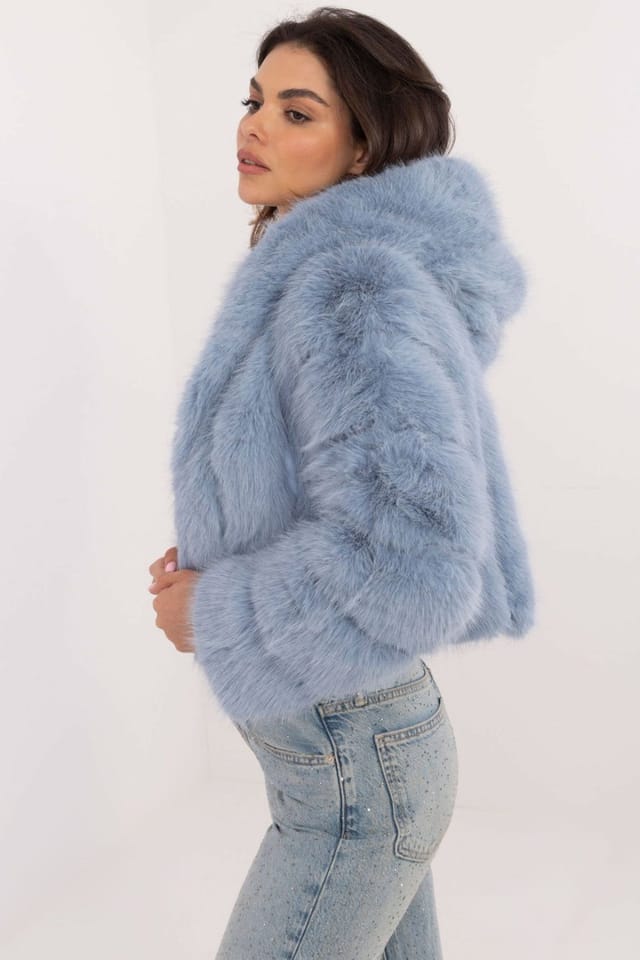 Love Lace Love Lace Women's Fur Trim Hooded Short Transitional Jacket in Blue - 2