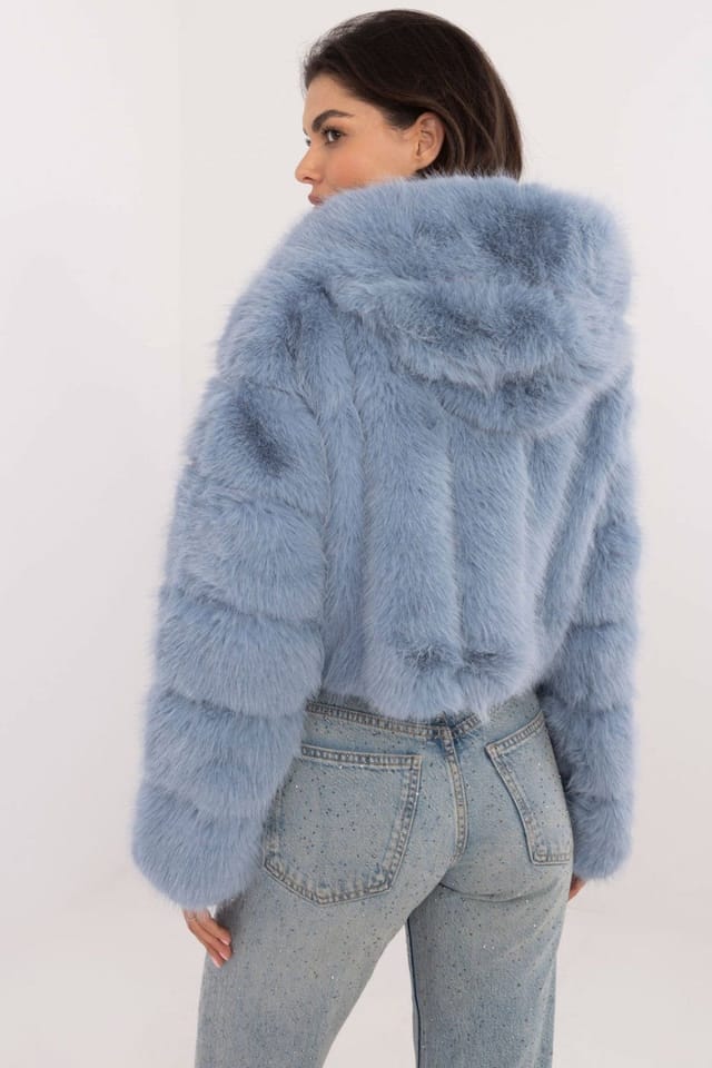 Love Lace Love Lace Women's Fur Trim Hooded Short Transitional Jacket in Blue - 3