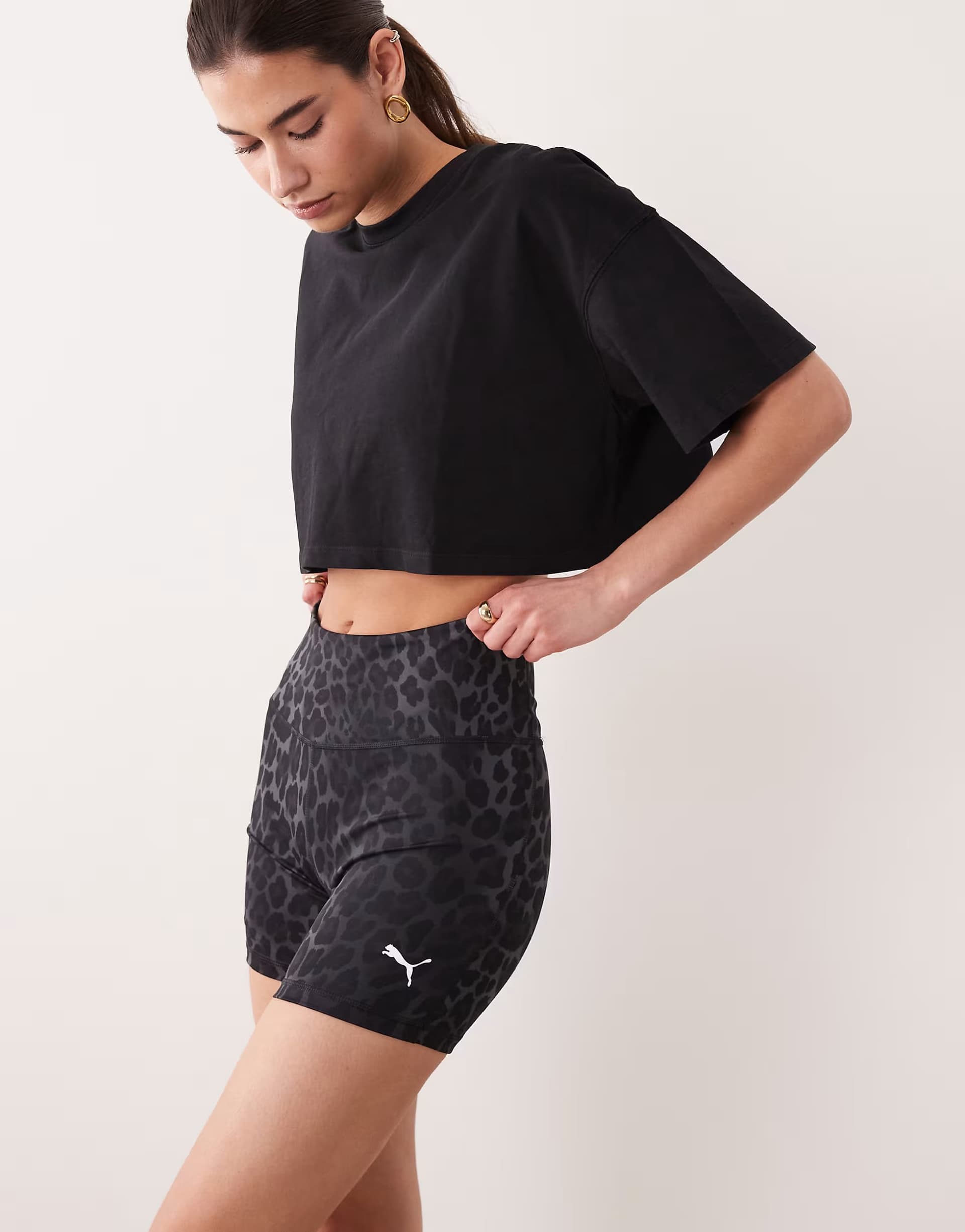 ASOS Puma Tad Essentials 5"" shorts in black leopard print