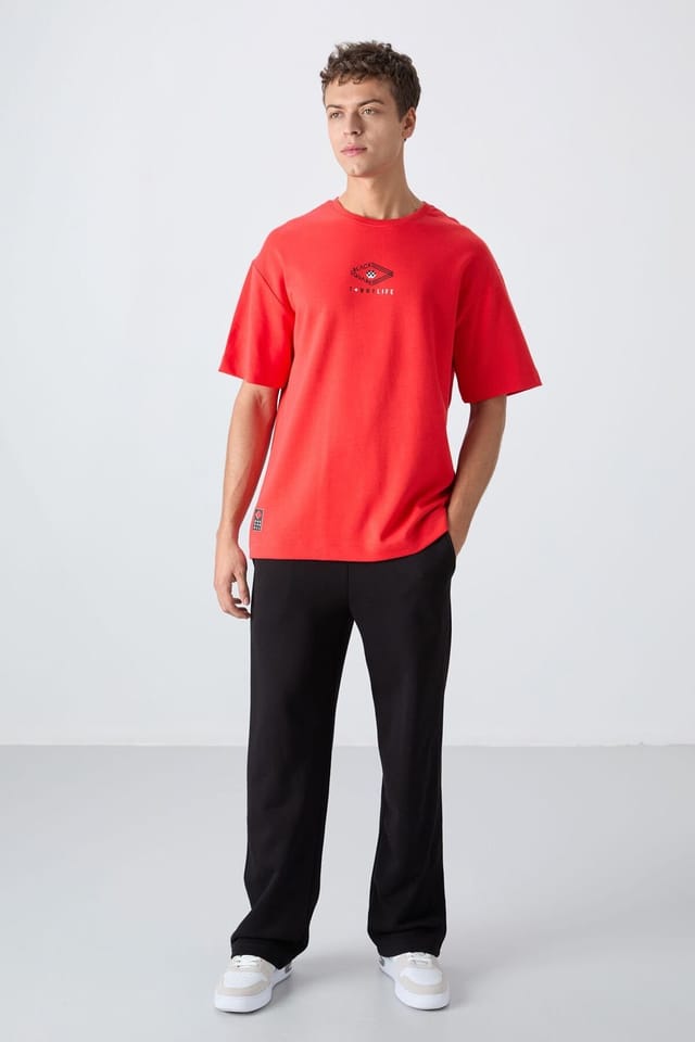 Tommy Life Tommy Life Men's Oversized Cotton-Blend Logo T-Shirt in Red - 3