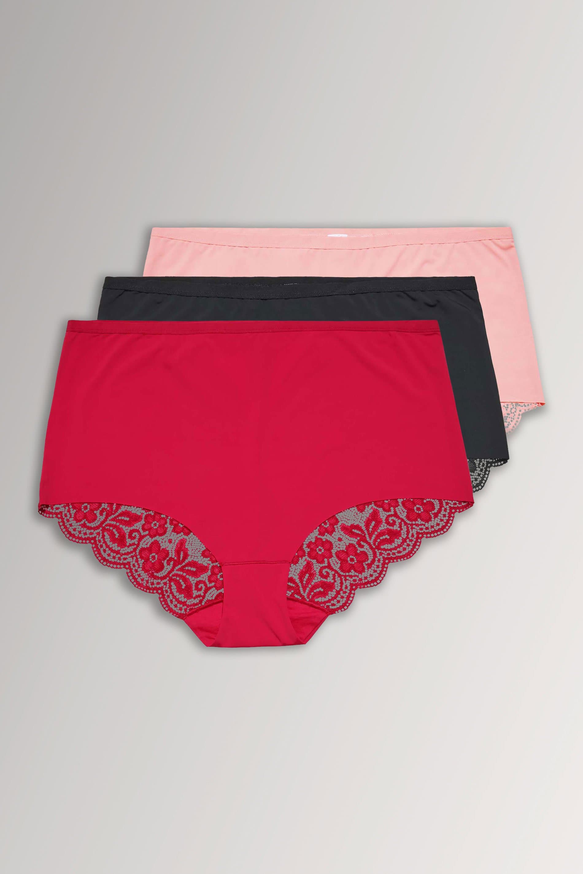 Yours 3 Pack Plus Size Red & Black Lace Back High Waisted Knickers