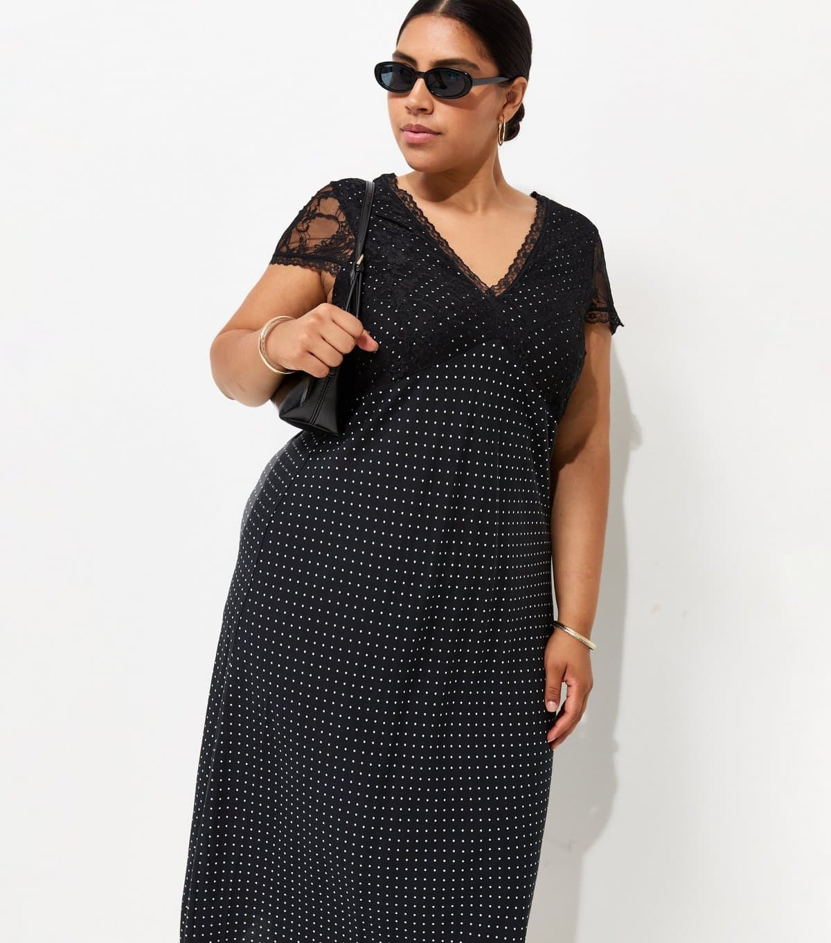 New Look Women's Plus Size Black Spot Print Lace Bust Midi Dress Curves New Look