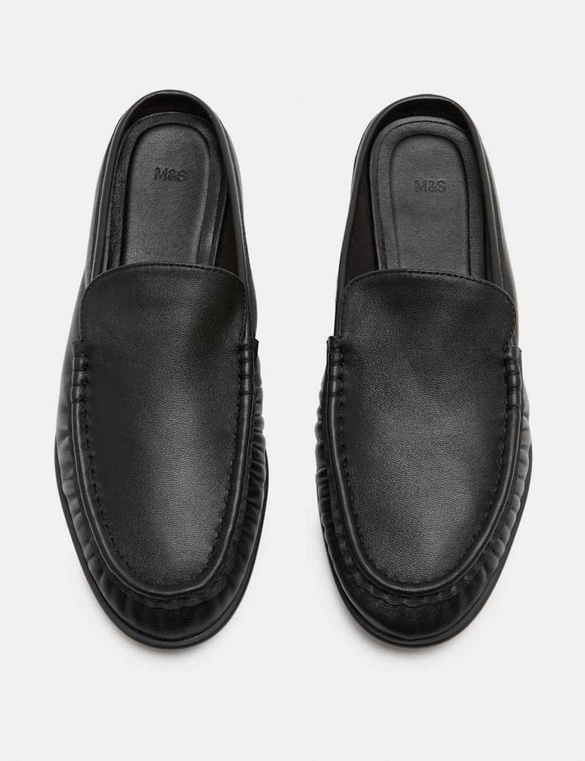Marks & Spencer M&S Leather Ruched Backless Flat Loafers Black - 1