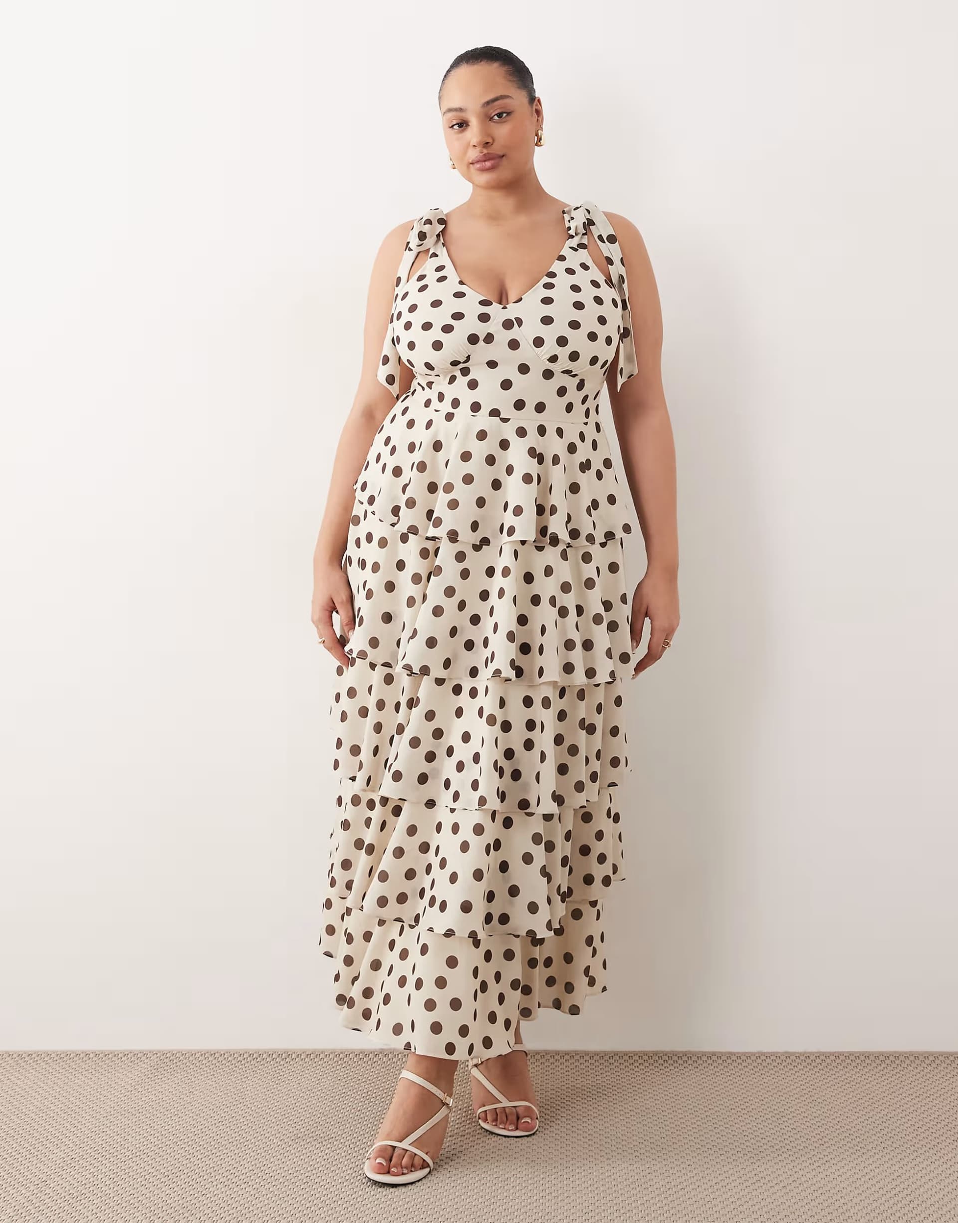 ASOS Pretty Lavish Curve Fiore tie ruffle maxi dress in oversize cream and brown polka dot