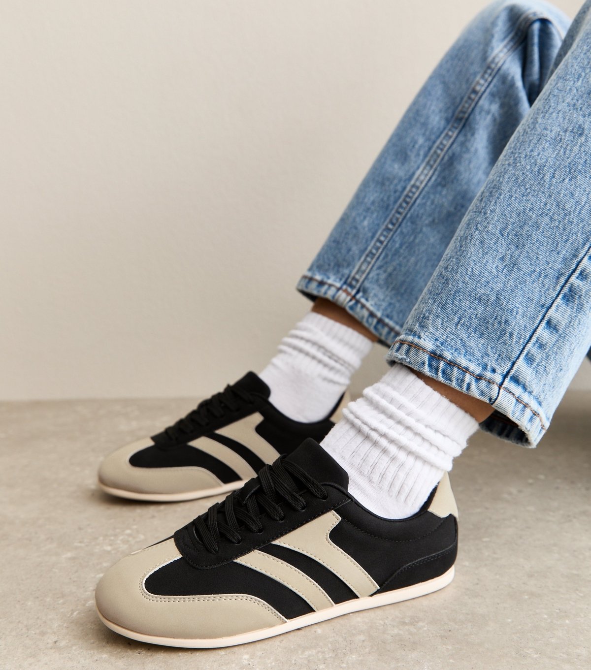 New Look Women's Black Contrast Panel Faux Suede Slim Sole Trainers Vegan New Look - 2