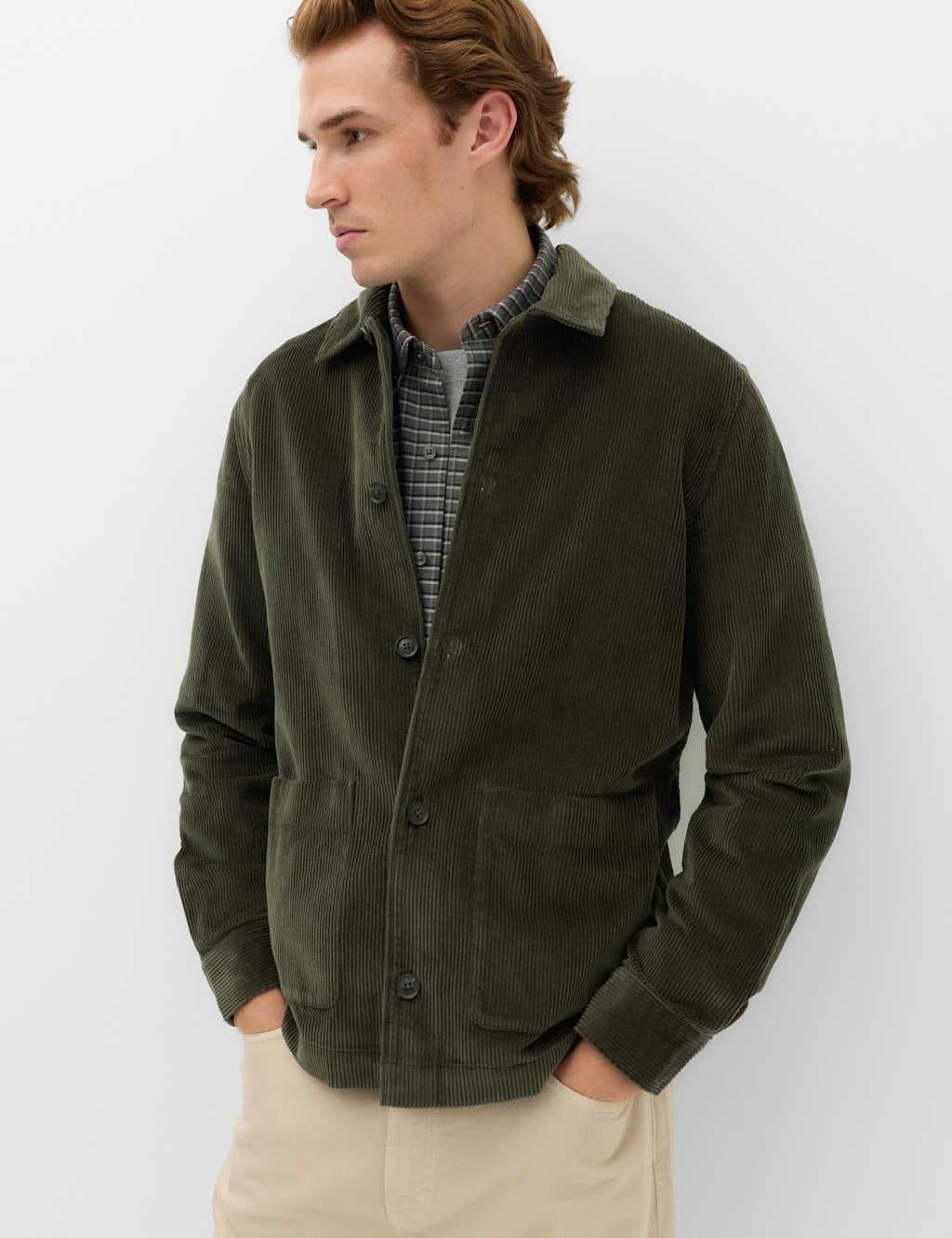 Marks & Spencer M&S Pure Cotton Corduroy Garment Dye Overshirt Hunter Green
