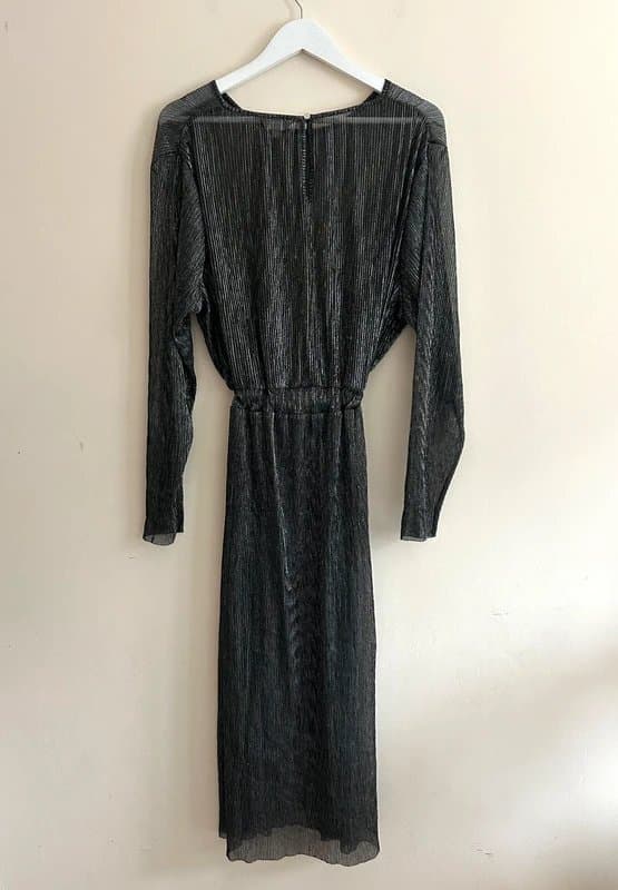 Anthology 🖤Anthology UK 22 Black Silver Metallic Sheer Long Sleeve Tie Waist Midi Dress NYE🖤