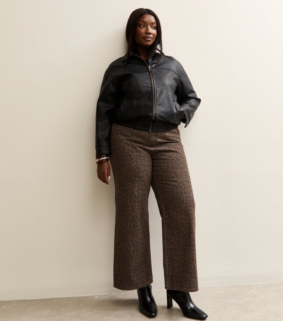 New Look Women's Plus Size Brown Leopard Print Wide Leg Jeans Curves New Look