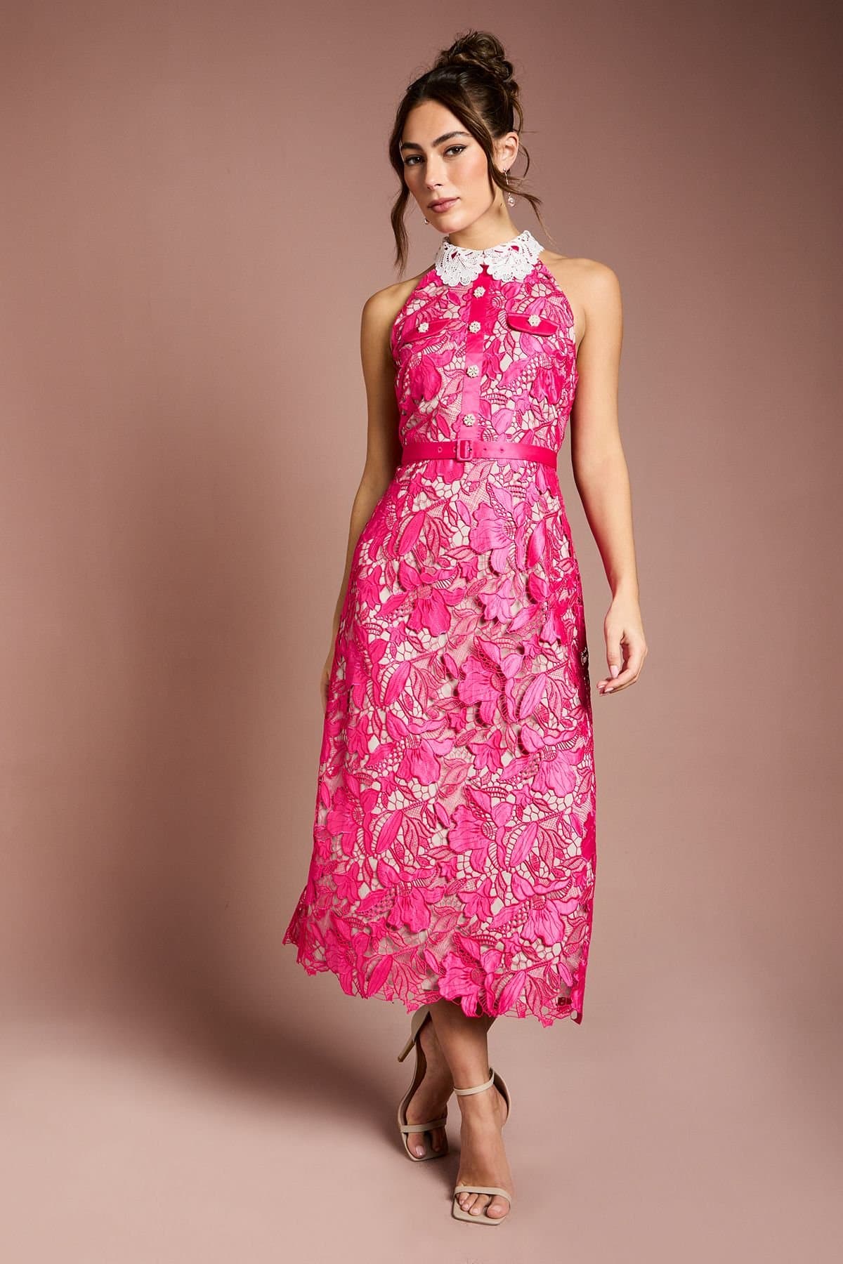 Coast Coast Women's Halter Neck Satin Lace Contrast Collar Midi Dress in Pink