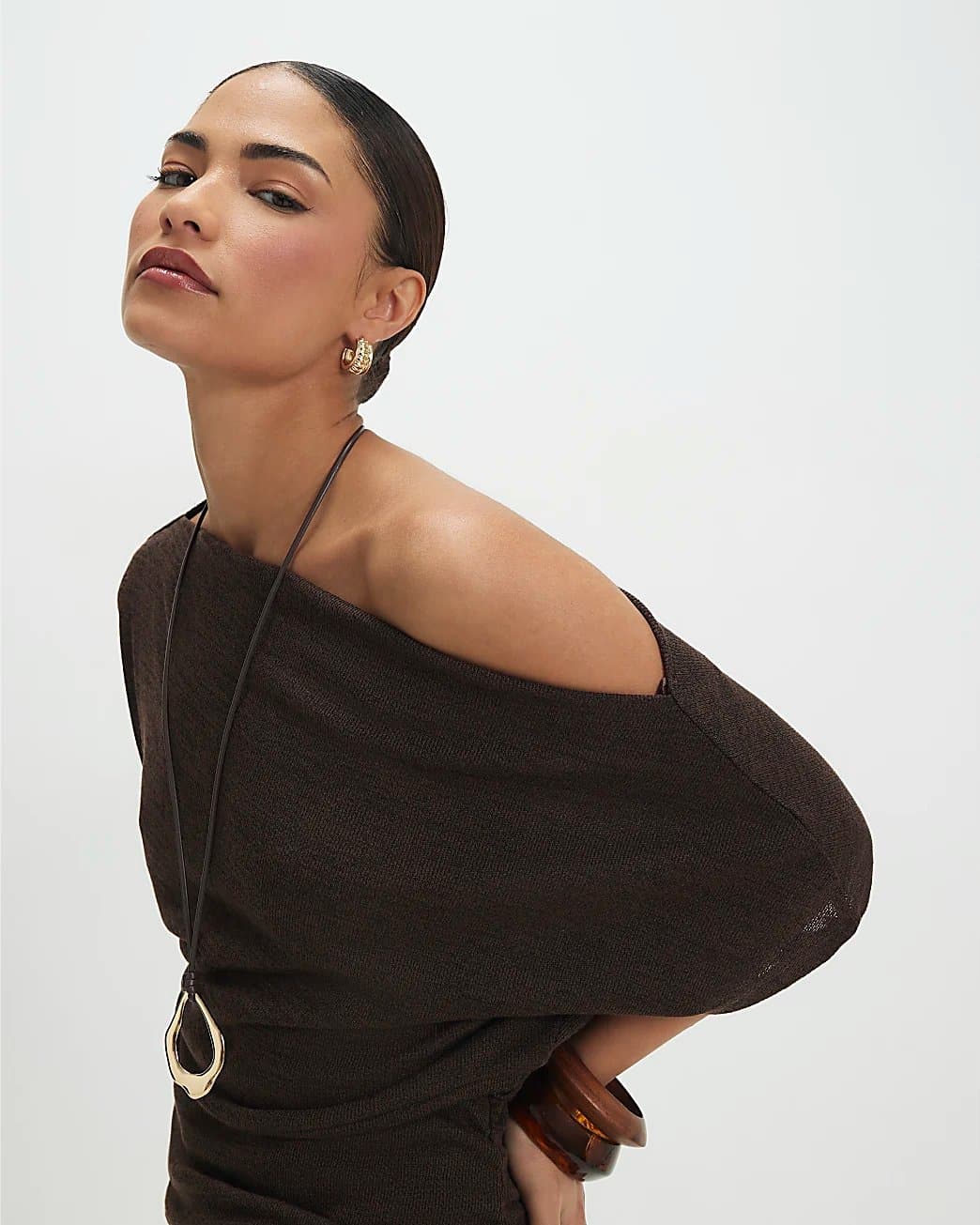 River Island River Island Womens Petite Brown Banded Hem Drape Top