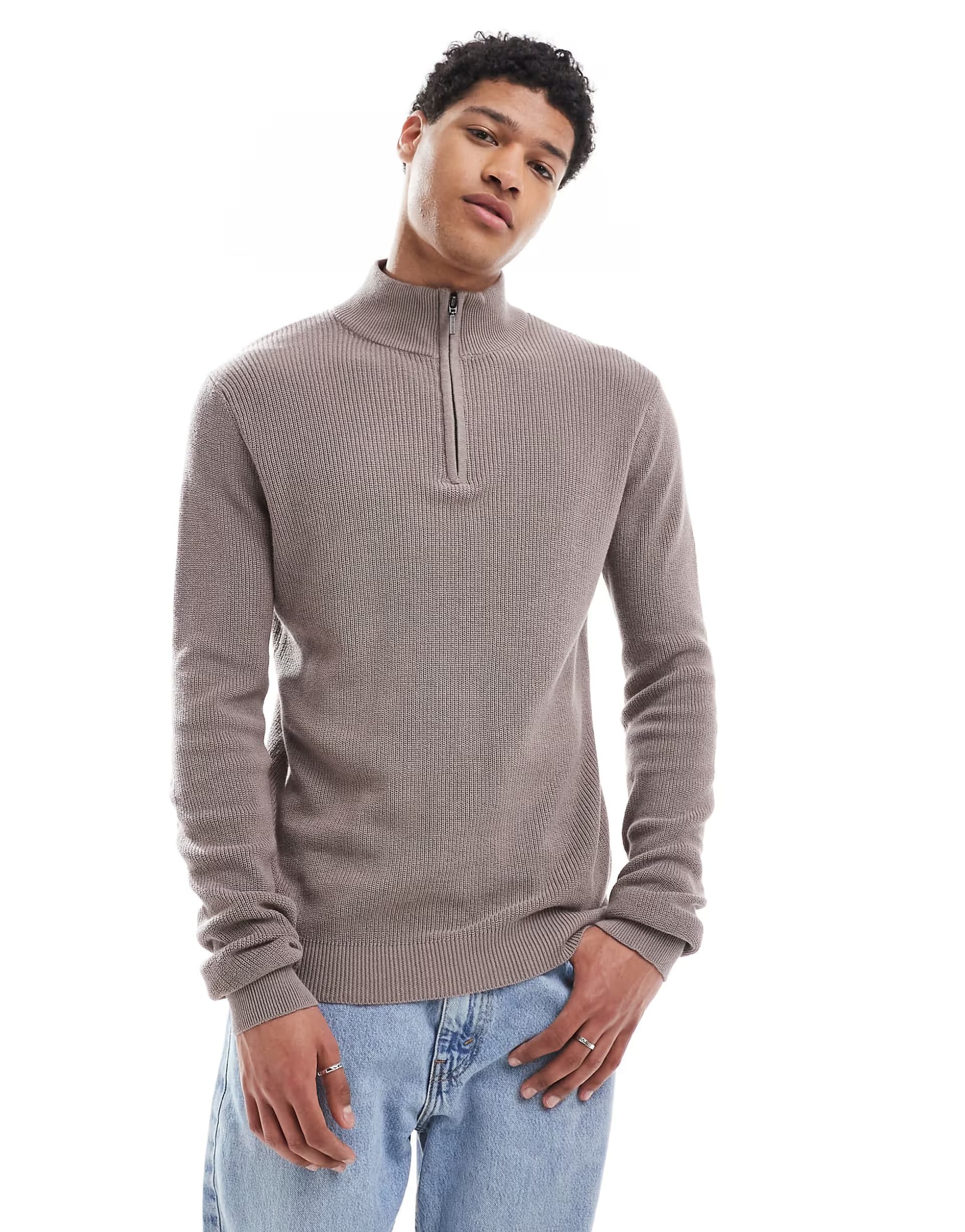 ASOS Brave Soul Cotton quarter zip funnel neck knitted jumper in grey
