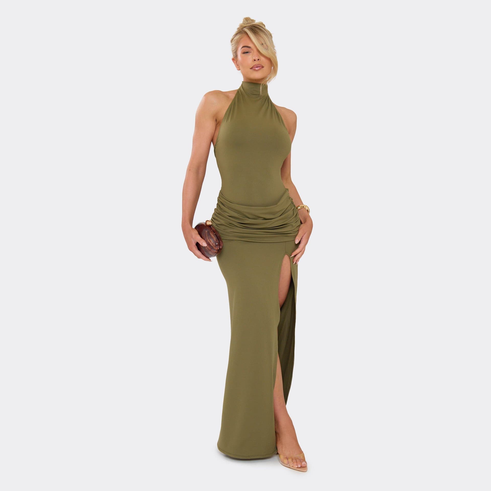 EGO Racer Neck Draped Ruched Detail Maxi Dress In Khaki Green, Women's Size UK 6