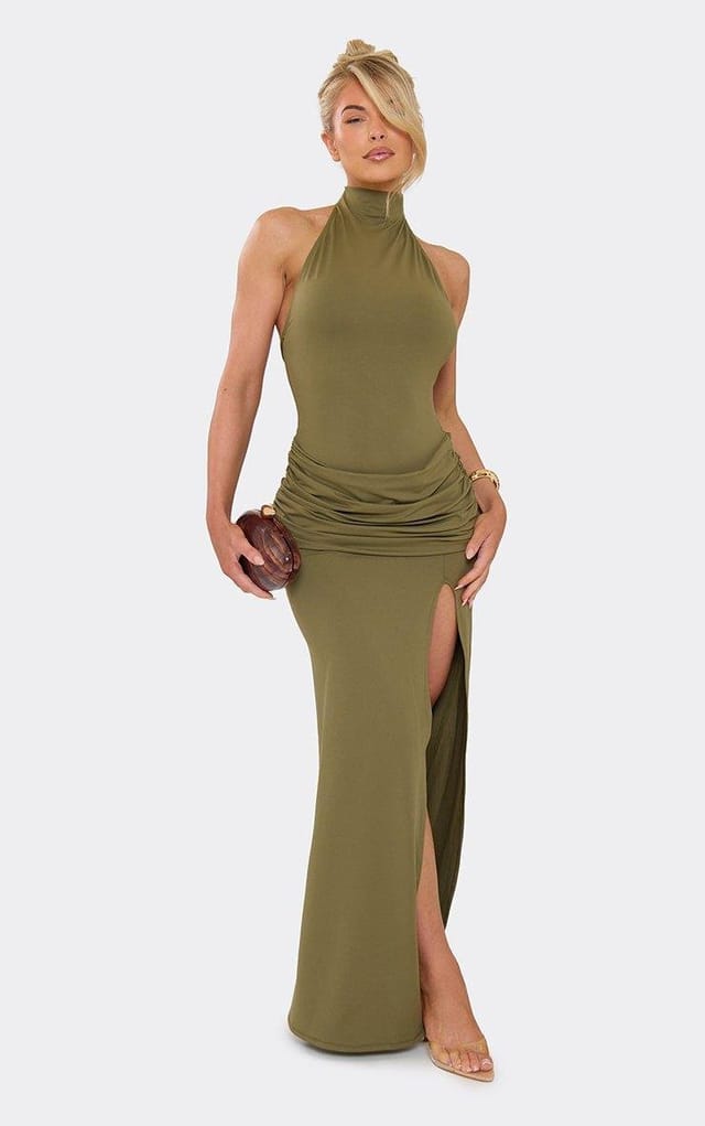 EGO Racer Neck Draped Ruched Detail Maxi Dress In Khaki Green, Women's Size UK 6 - 2