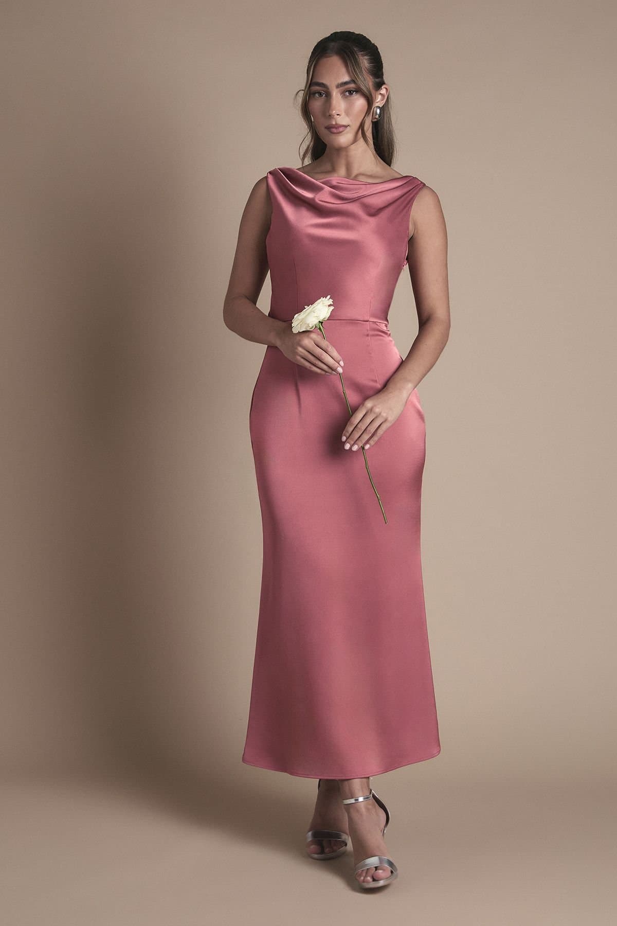 Oasis Oasis Women's Cowl Neck Open Back Midi Bridesmaid Dress in Terracotta