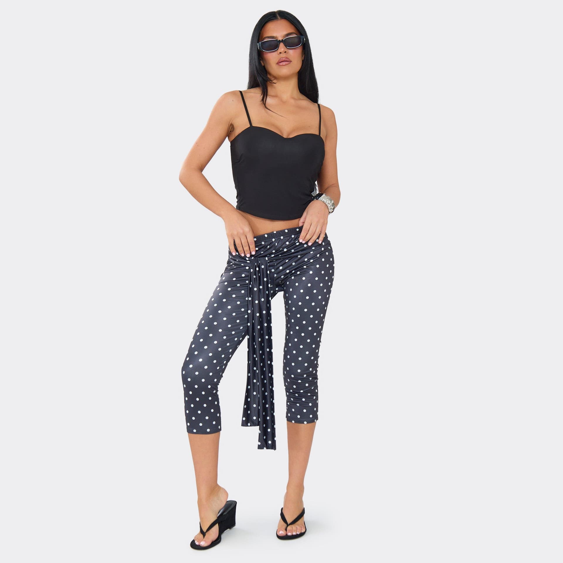 EGO Low Rise Tie Drape Capri Trousers In Black Polka Dot Slinky, Women's Size UK 6