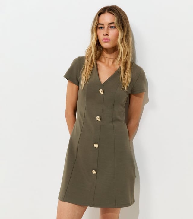 New Look Women's Dark Khaki Cotton Rich Golden Button Ponte Mini Dress New Look - 2