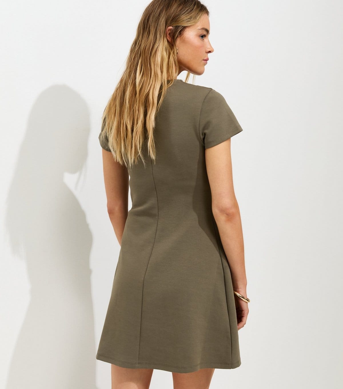 New Look Women's Dark Khaki Cotton Rich Golden Button Ponte Mini Dress New Look - 4