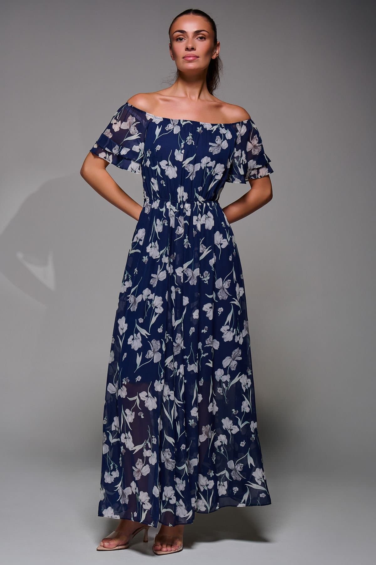 Jolie Moi Jolie Moi Women's Off Shoulder Chiffon Maxi Dress in Navy