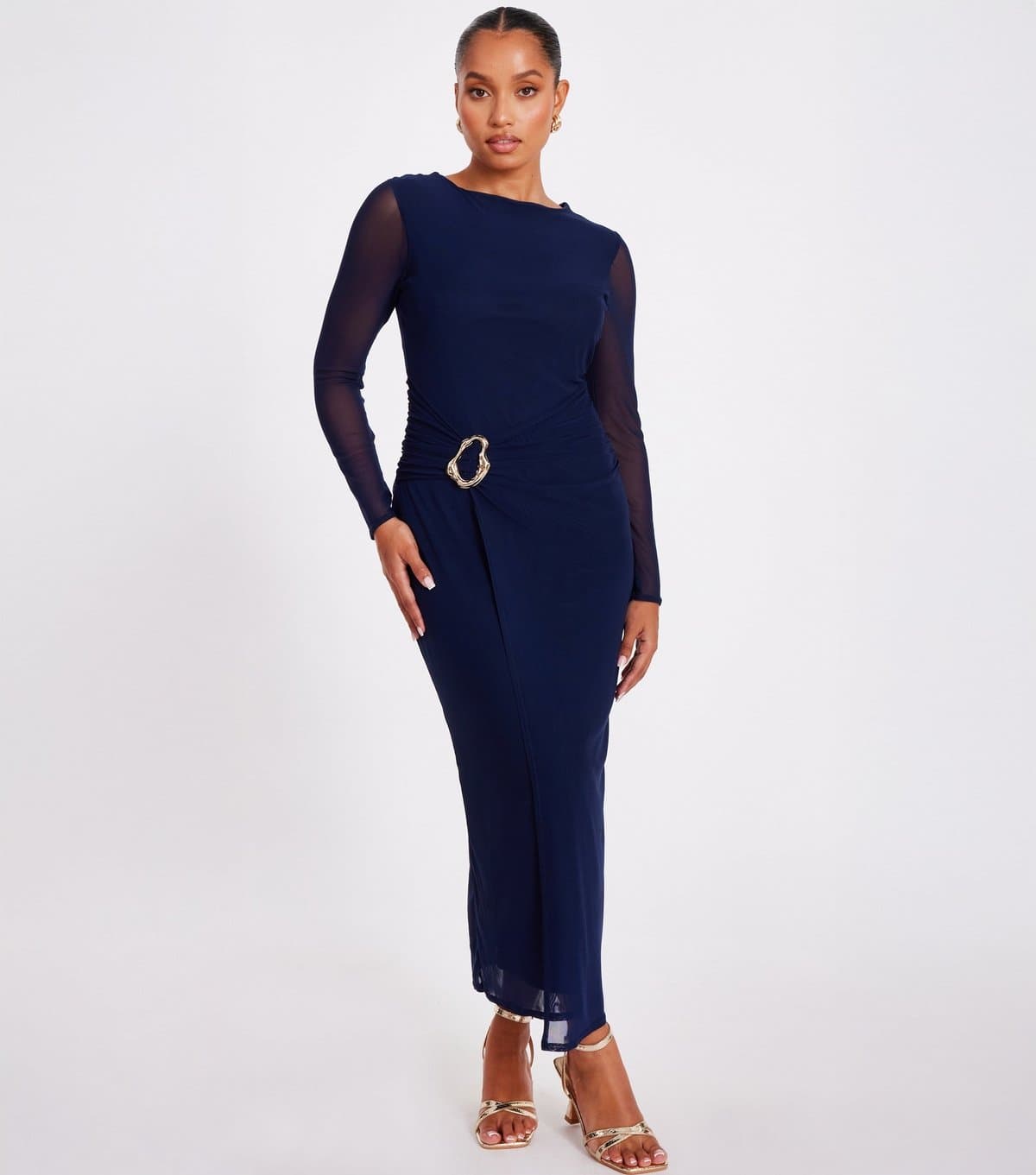Quiz Women's Petite Navy Mesh Sleeve Buckle Detail Midaxi Dress Quiz New Look