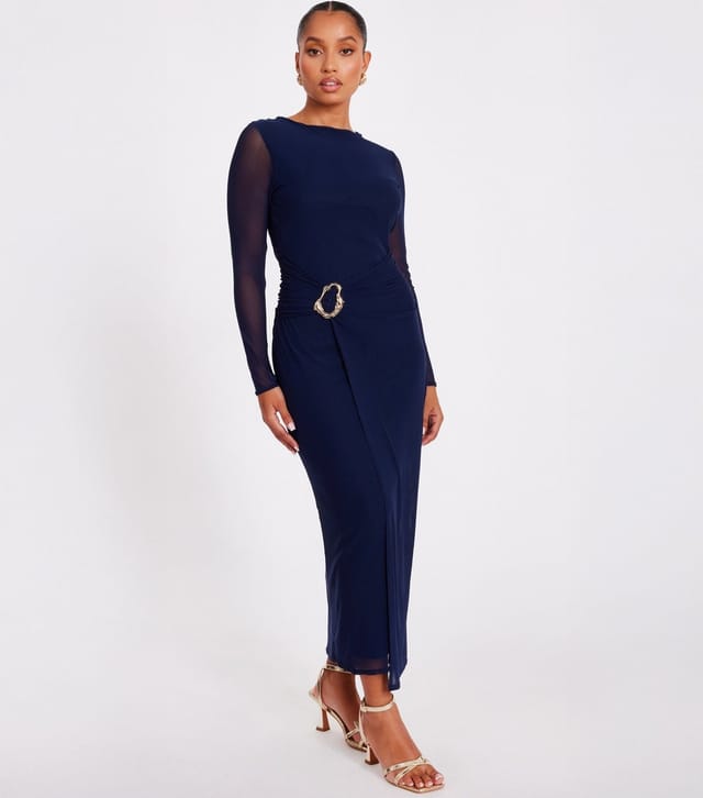 Quiz Women's Petite Navy Mesh Sleeve Buckle Detail Midaxi Dress Quiz New Look - 2