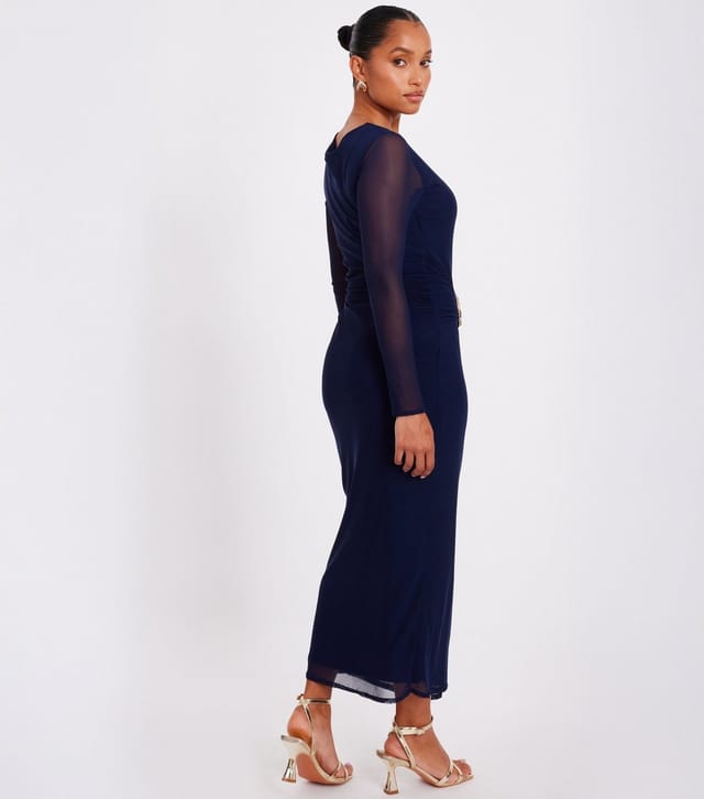 Quiz Women's Petite Navy Mesh Sleeve Buckle Detail Midaxi Dress Quiz New Look - 3