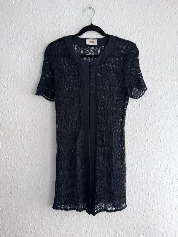 Hamlet Vintage Women’s Hamells Navy Sheer Lace Button Front Longline Tunic Top