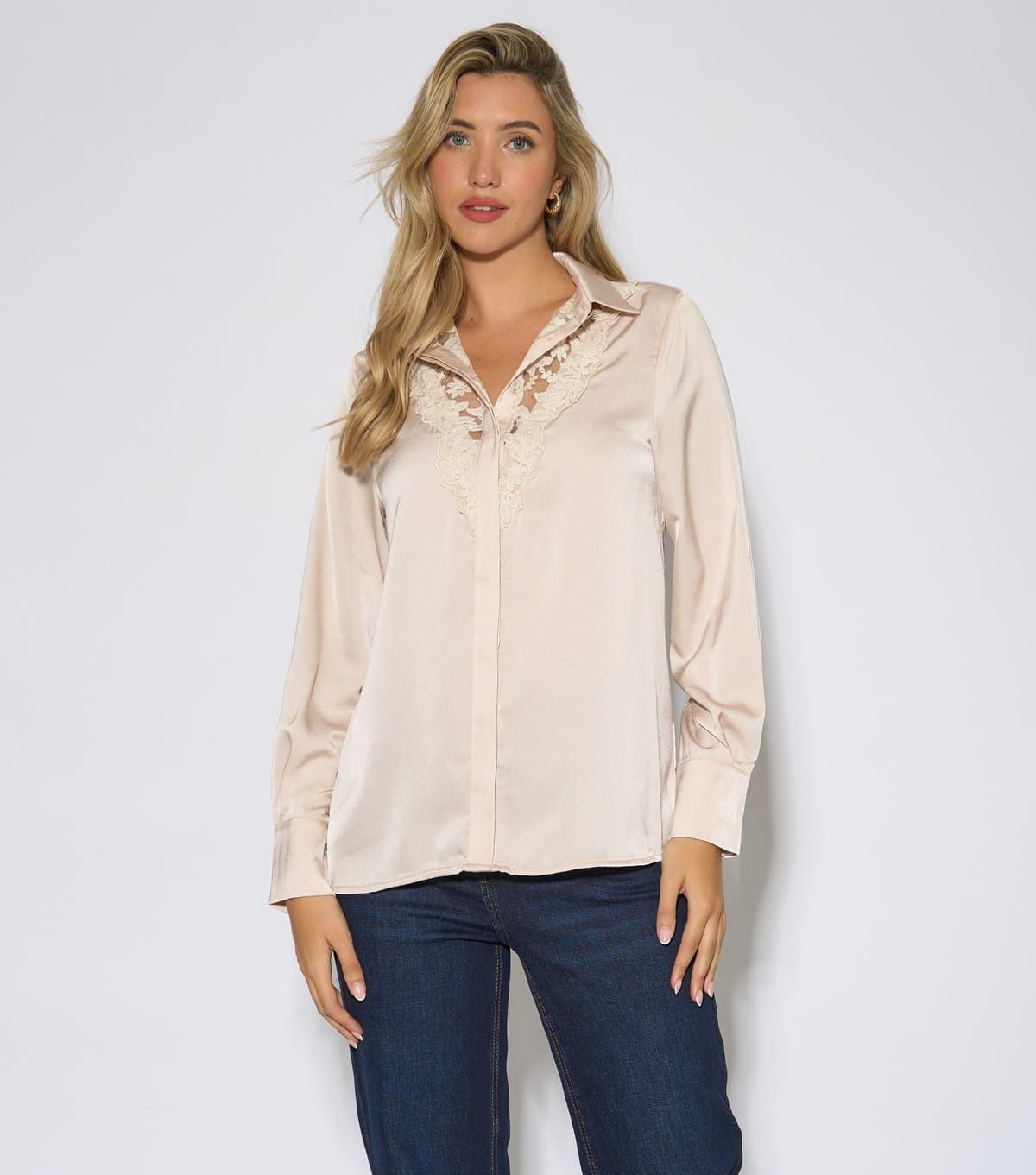 Gini London Women's Oatmeal Lace Trim Satin Shirt Gini London New Look