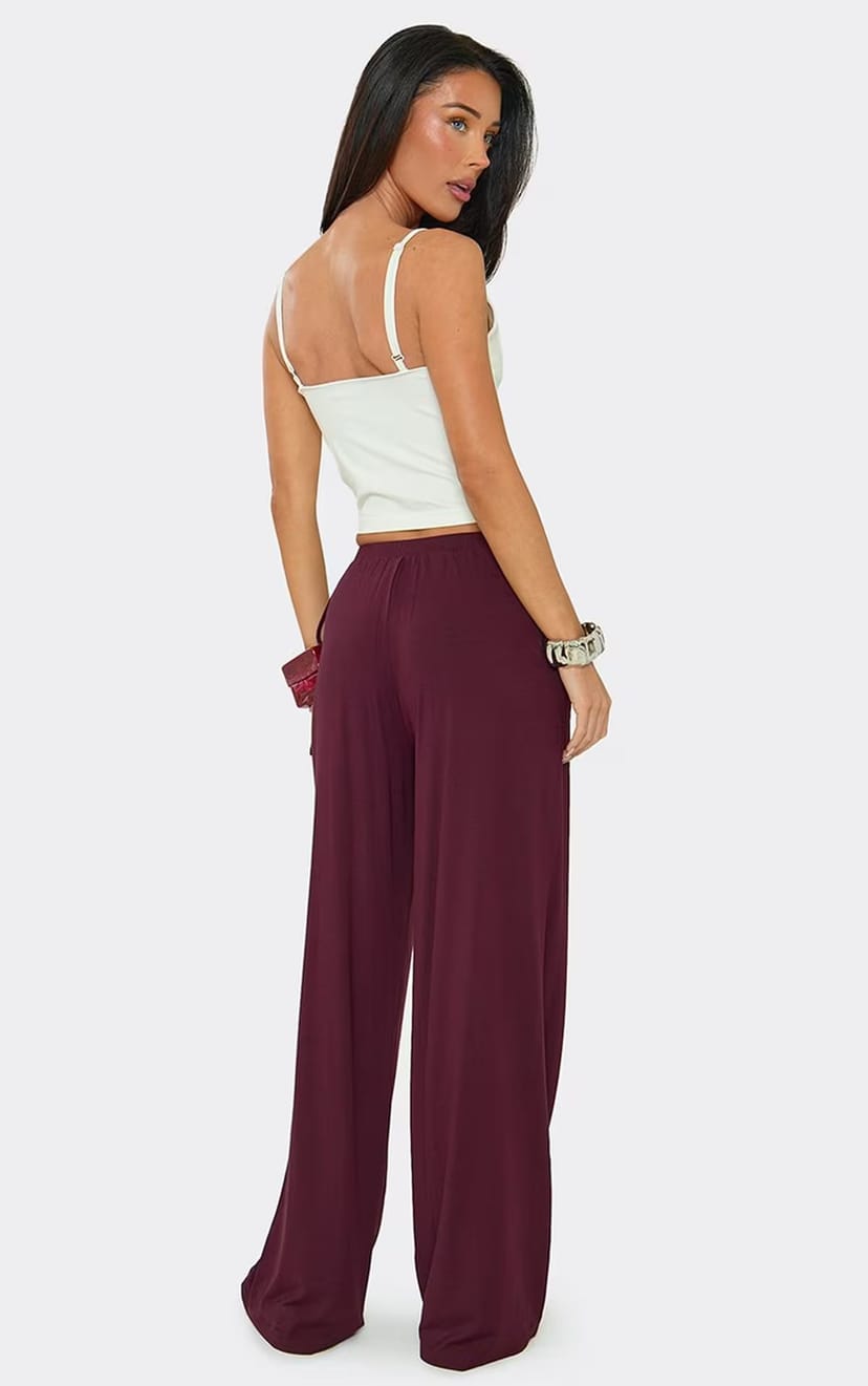EGO Low Rise Button Waistband Detail Straight Leg Trouser In Plum Modal, Women's Size UK 6 - 1