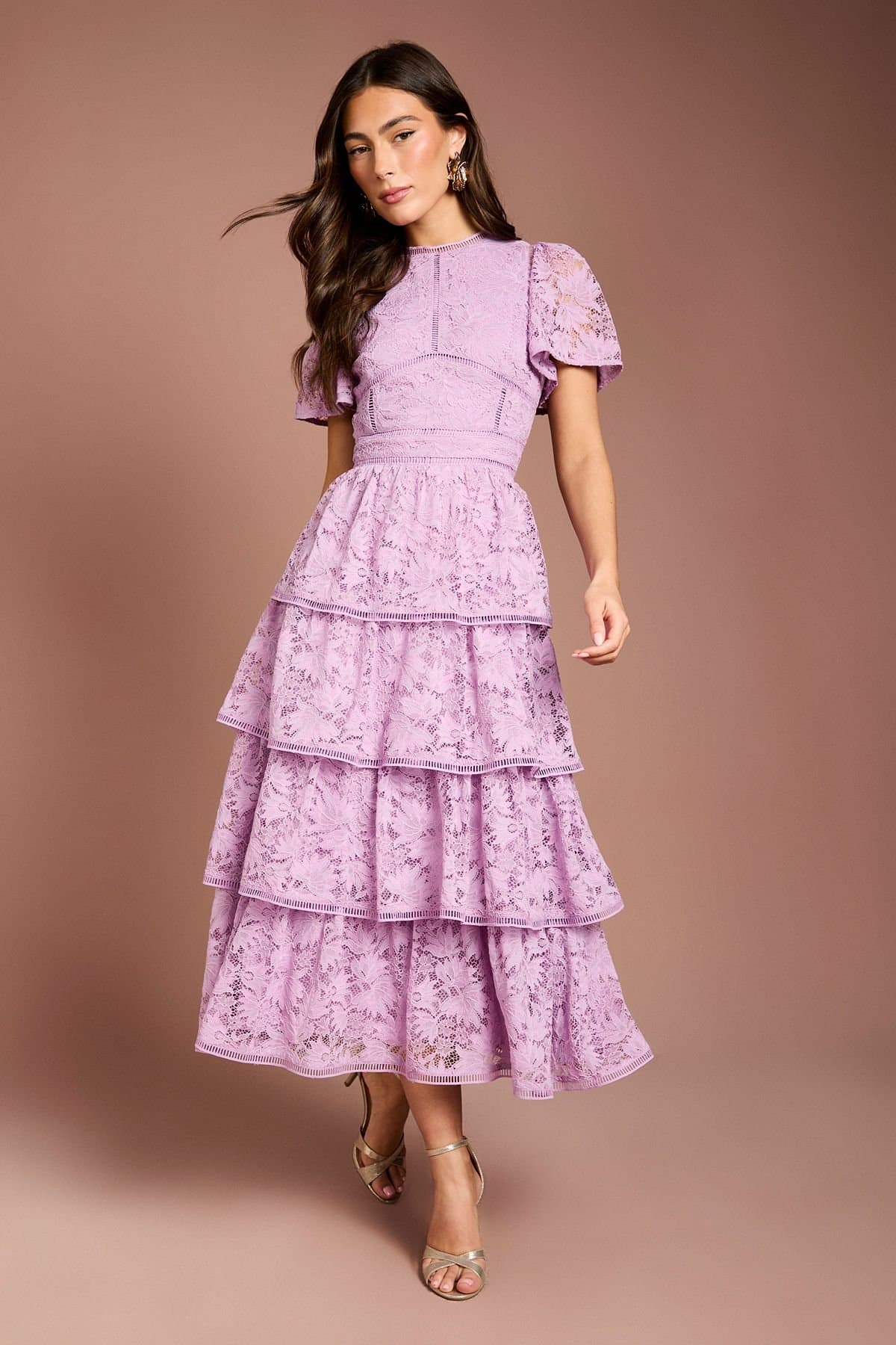 Coast Coast Women's Tiered Lace Dress With Flutter Sleeve & Trims in Lilac